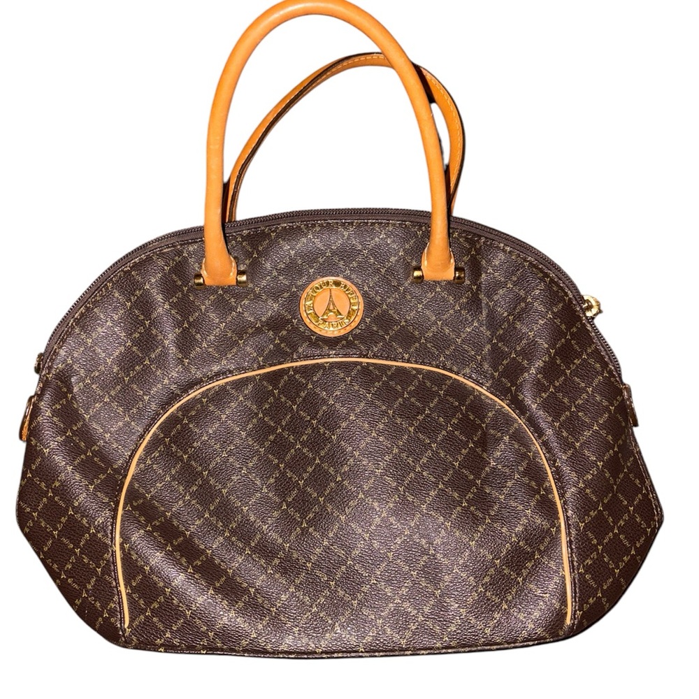 1990s Brown and Mustard Tan Structured Faux Leather La Tour Eiffel Paris Handbag